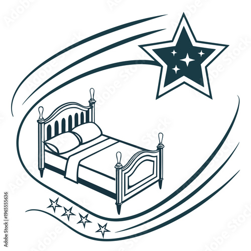 Comfy bed with shooting stars and stars illustration with line art
