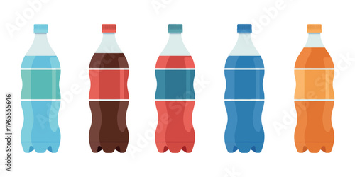 Plastic water bottle icon set featuring mineral water, sweet soda, and fizzy drink symbols, vector illustration for beverage, packaging, and product design