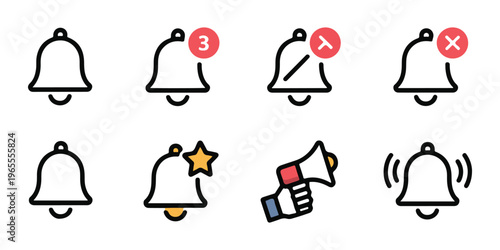 Digital alert bell notification icon pack with message counts silent mode and star priority for applications.