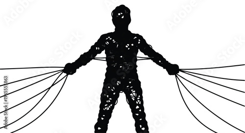 man pulling multiple ropes in different directions