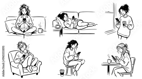 Collection of diverse women enjoying leisure time at home using their smartphones and drinking coffee or tea