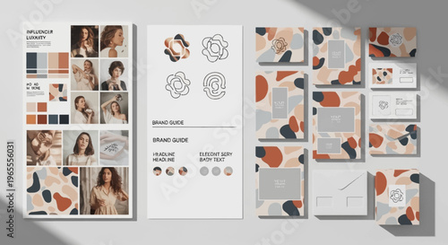 A comprehensive branding kit featuring a mood board, brand guide, and stationery with abstract patterns and earthy tones.