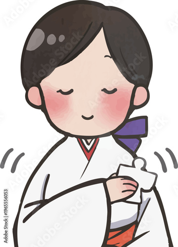 大祓で人形（ひとがた）を体に当てて清める巫女のベクターイラスト｜お祓い・厄除けの神事シーン（背景透過）