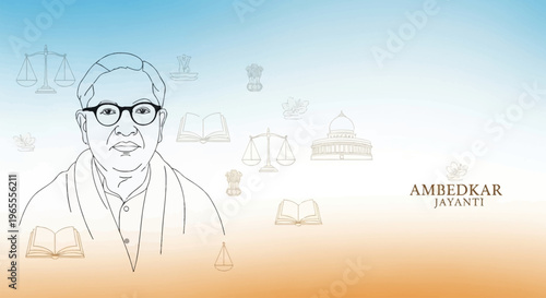 Line art illustration of B.R. Ambedkar with scales of justice, books, and architectural elements for Ambedkar Jayanti celebration.