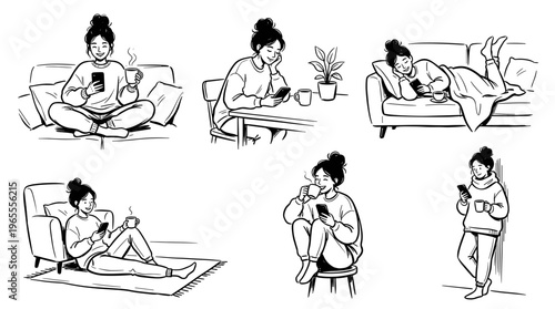 Young woman relaxing at home enjoying coffee and using her smartphone, depicting cozy lifestyle and digital connection