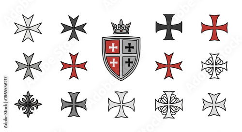Collection of Medieval Heraldic Cross Symbols, Shields, and Royal Crown Icons. Vector Illustration of Templar, Maltese, and Iron Crosses for Logo and Emblem Design.