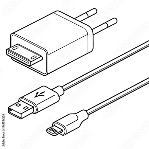 Usb charger and cable line art drawing - black and white icon with the style is