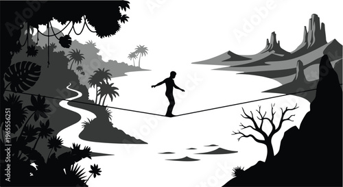 man walking on tightrope over water in desert landscape