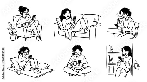 Young woman enjoying leisure time at home using her smartphone and drinking coffee or tea, relaxed lifestyle illustration