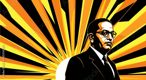 Stylized graphic portrait of B. R. Ambedkar with a vibrant, radiating yellow and orange background.