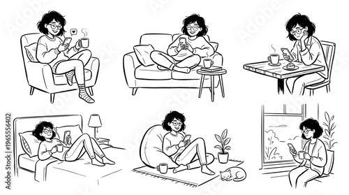 Young woman relaxing at home using her smartphone, enjoying coffee and leisure time in various cozy settings