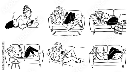 Woman relaxing on sofa using smartphone and drinking coffee, diverse poses, cozy home lifestyle illustration