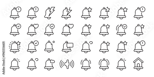 Thin line notification bell icons showing alerts messages stars hearts and sound waves.