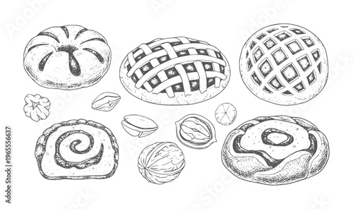 Hand drawn assortment of baked goods and nuts white pastry