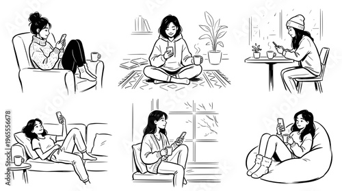 Collection of diverse women enjoying mobile phones in cozy indoor settings, showcasing modern lifestyle and digital connection