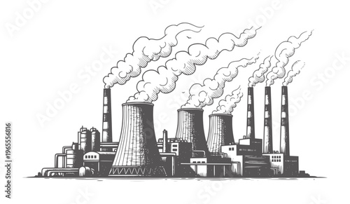 Industrial power plant with cooling towers and smokestacks emitting smoke industry