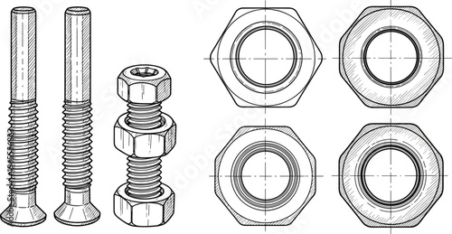 Bolt and Nut Technical Drawing Set with Screw, Bolt and Hex Nut Engineering Sketch Vector Illustration Collection for Mechanical Design