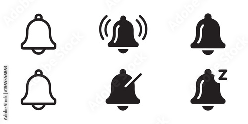 Ringing bell icons collection including silent mode and snooze settings for smartphone application navigation.