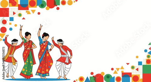 Illustration of four people, two men and two women, in traditional Indian attire dancing joyfully amidst a vibrant border of colorful geometric shapes.