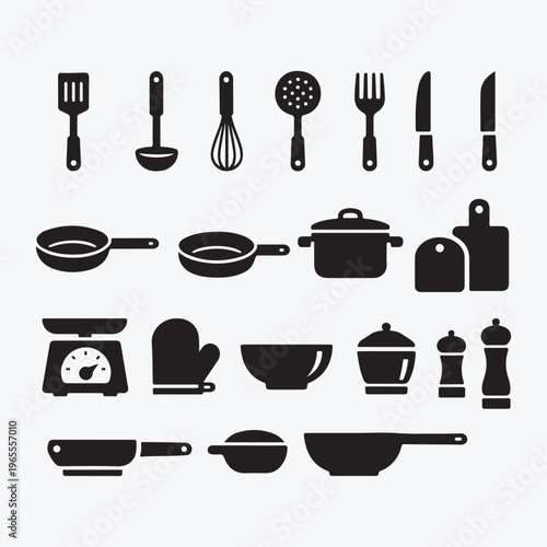 Black Silhouette Kitchen Utensils and Cookware Icon Set