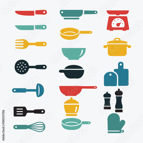 Colorful Kitchen Utensils and Cookware Flat Icon Set