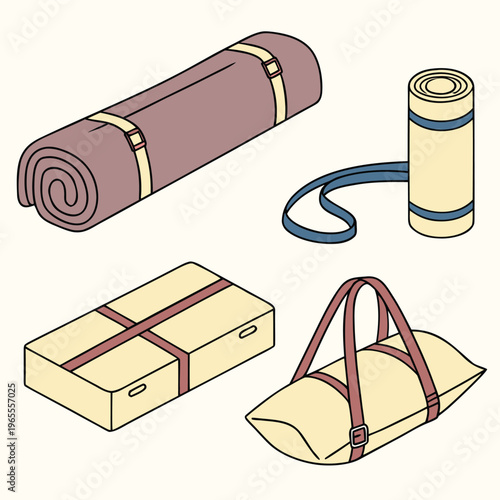 Isometric camping and fitness gear collection with mats, bag, and packed item
