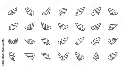 Set of 28 Minimalist Wing Icons and Linear Logo Design Elements Representing Flight, Speed, and Freedom