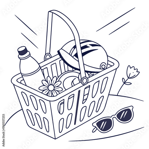Outdoor picnic basket with water bottle, helmet, flowers, and sunglasses line ar