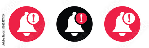 Critical alert bell icons vector, round-shaped notification bells with prominent warning signs.