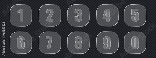 Modern glass morphism number set from 0 to 9 on transparent background. Frosted crystal glass numeric characters for UI and countdown design. Vector Illustration.