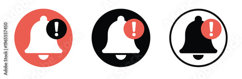 Alert bell icon in circle vector, various styles of notification bell with exclamation mark.