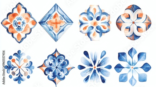 Set of eight blue watercolor decorative tiles and motifs on white background, each with floral or geometric patterns, hand-painted brush strokes, soft gradients