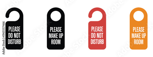 Hotel door hanger sign set with Please Do Not Disturb and Please Make Up Room text. Privacy and housekeeping notice for guest rooms. Vector Illustration.