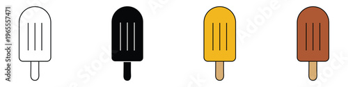 Sweet ice cream popsicle icon set with different flavors. Fruit and chocolate ice lolly symbol in flat, outline, and solid styles. Vector Illustration.