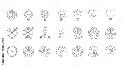 Collection of linear icons representing ideas innovation and mental wellbeing
