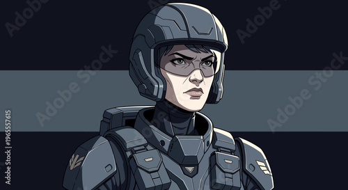 Futuristic Female Soldier in Tactical Armor and Helmet Illustration - Sci-Fi Space Marine Character Design