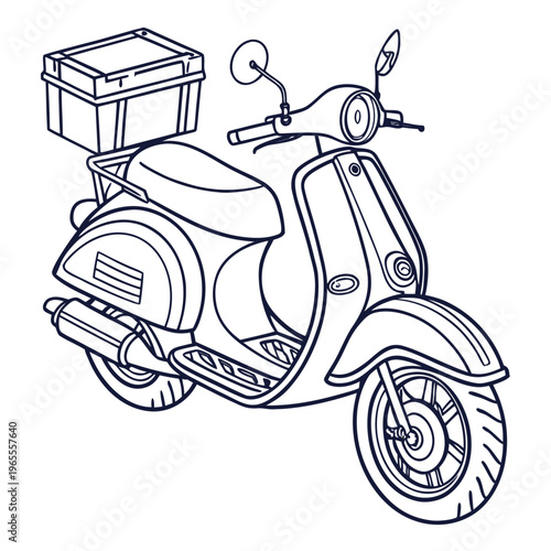 Retro delivery scooter with box line art illustration for urban transport