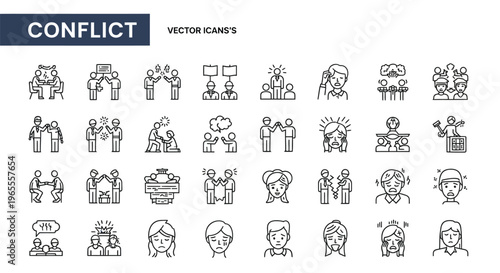 Collection of line icons depicting various scenes of conflict and disagreement