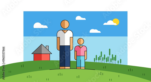 Minimalist Flat Illustration of Father and Son Standing Outdoors Near a Small House