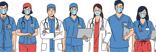 Medical Team Doctors and Nurses Wearing Face Masks Healthcare Workers Group Vector Illustration for Hospital and Medicine Concept Design