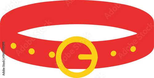 Red pet collar with gold buckle vector illustration, isolated dog leather strap icon, domestic animal accessory and equipment