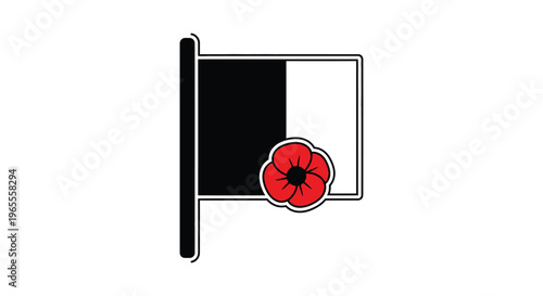 Black and white flag with red poppy, Remembrance Day symbol, vector icon, patriotic emblem