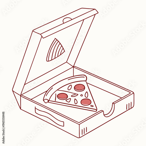 Single slice of pizza in open box, takeout food illustration, fast food