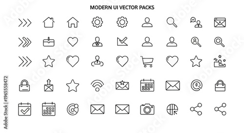 A collection of modern UI vector icons for digital interfaces, featuring a variety of common symbols.