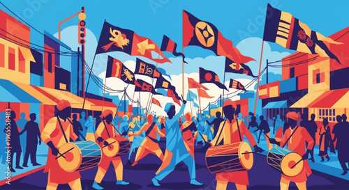 A vibrant street procession with people playing drums and waving flags under a bright blue sky.