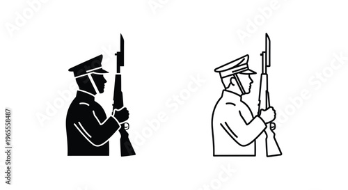 Soldier icons, military symbols, black and white illustrations, vector graphics