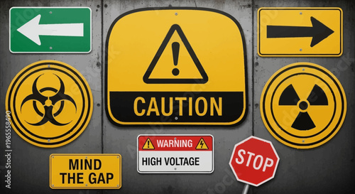 Assorted Warning and Safety Signs on Industrial Wall Background - Caution, Biohazard, Radiation, High Voltage, and Stop Icons