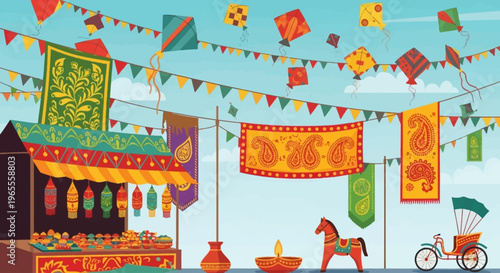 A vibrant outdoor market scene with colorful kites flying, decorative banners, and stalls selling goods, evoking a festive atmosphere.