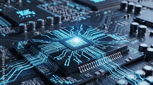 Close-up view of a glowing central processing unit on a complex electronic circuit board with digital data streams emanating outwards