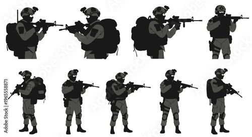 Set of Special Forces Soldiers and SWAT Operators in Tactical Gear and Combat Poses Illustration